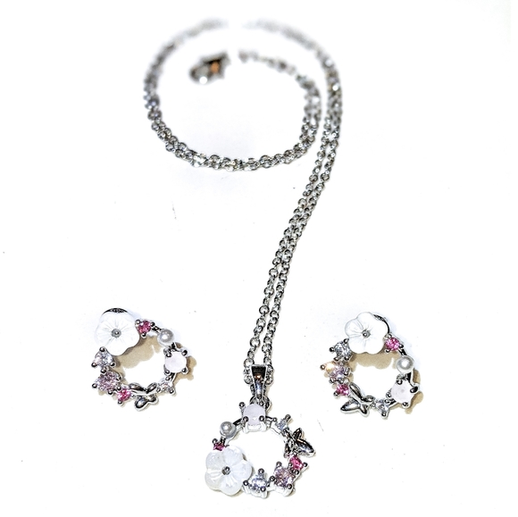 14k Gold - 925 Sterling Silver Necklace & Earrings Rose Quartz Pearl Jewelry Set - Picture 10 of 10